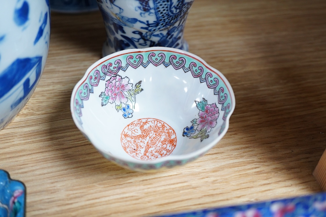 A pair of Chinese blue and white vases and covers and three other items, together with Japanese ceramics, cloisonné and Canton enamelware (11)